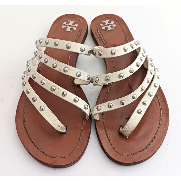 Tory Burch Patos Ivory Leather Studded Thong Sandal Sz 8.5 - Picture 8 of 9